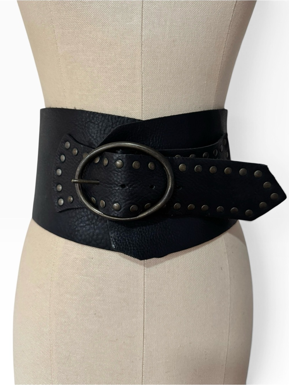 Wide Black Genuine Leather Statement Belt Oversized Studded Buckle Corset Style